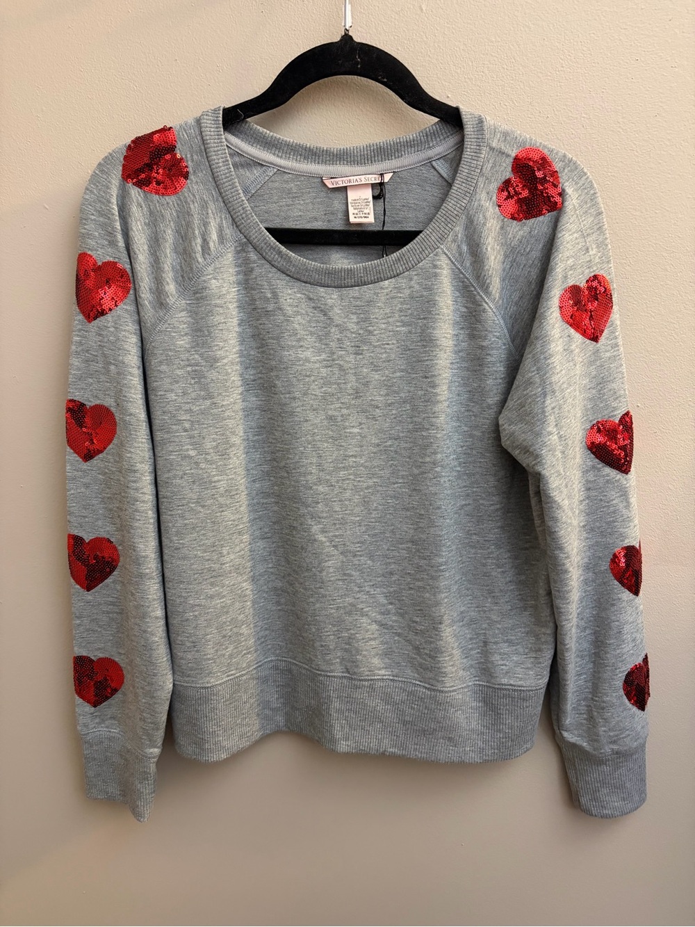 Victoria's Secret Gray Crewneck Sweatshirt with Red Sequin Hearts NWT